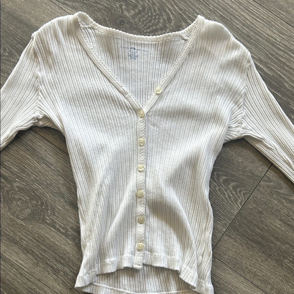 Brandy Melville White Ribbed Button-Front V-Neck Top